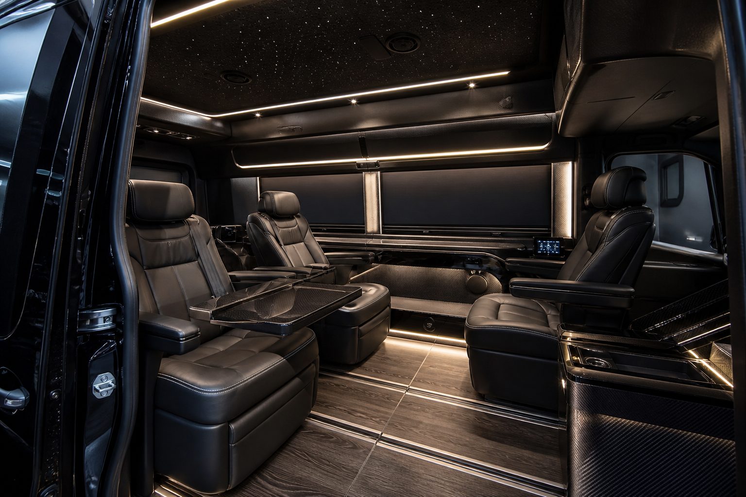 Executive Sprinter cabin with cream leather captain’s chairs and gold curtains